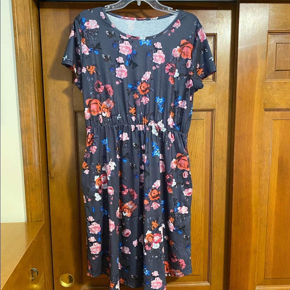 Gray and Pink Floral Shirt Sleeve Dress with Pockets